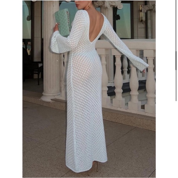 hautesales Swim Crochet Knit Fishtail Flare Sleeve Maxi Dress